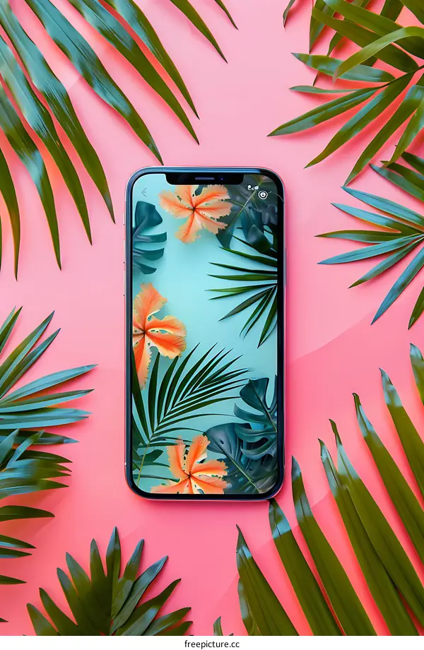 Phone with Tropical Leaves and Flowers Background