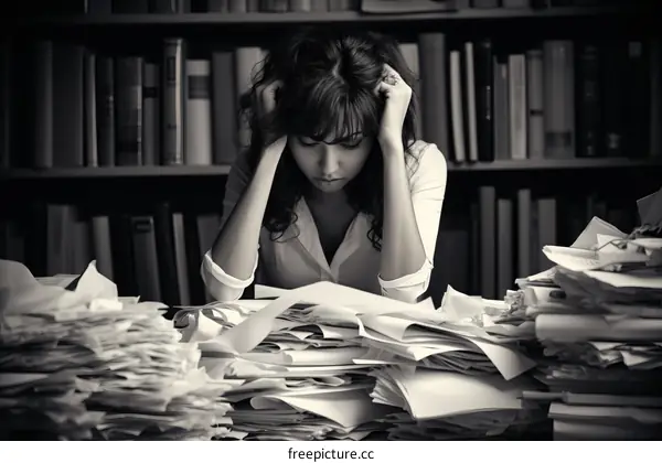 Frustrated woman surrounded by paperwork