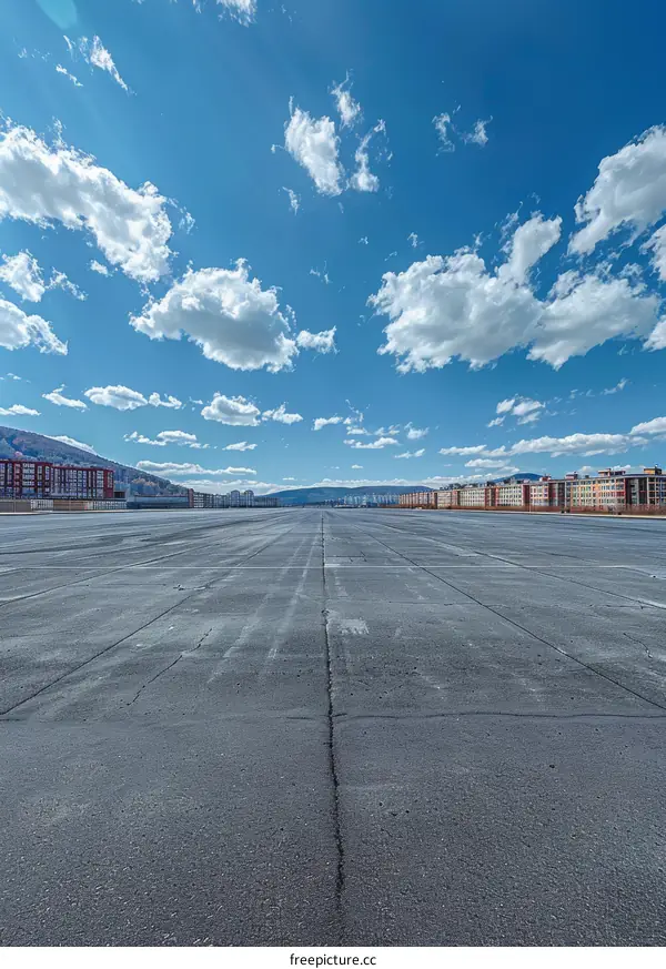 Empty Airport Runway Under Clear Blue Sky