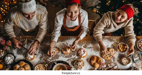 Family of three baking Christmas cookies together
