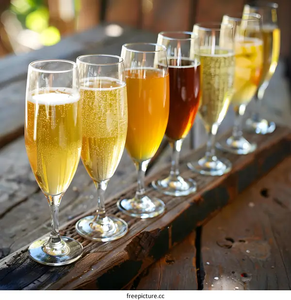 Tasting of Different Alcoholic Beverages on Wooden Board