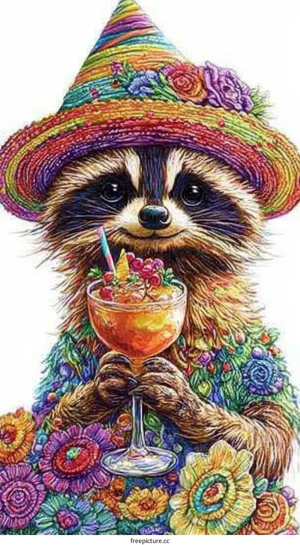 Adorable Raccoon in a Colorful Fiesta Hat with a Cocktail