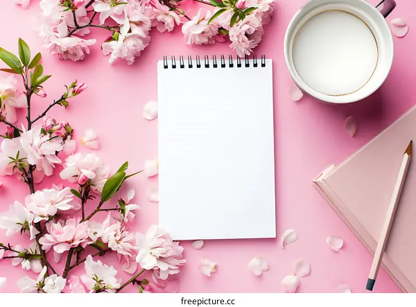 Blank Notebook with Pink Flowers and Coffee Cup on Pink Background