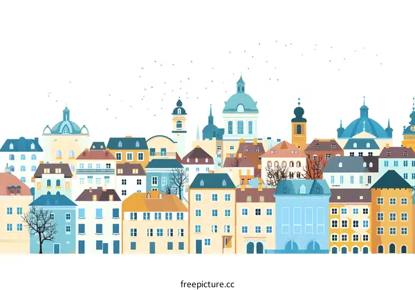 Colorful Cityscape Illustration with Buildings and Birds