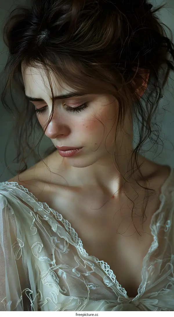Portrait of a young woman with brown hair and freckles wearing a white lace dress