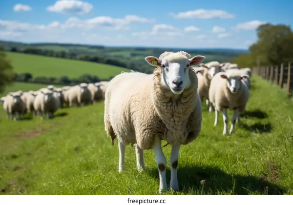 A flock of sheep grazing on a green hill