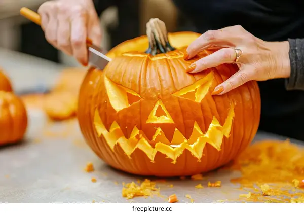Carving a Halloween Pumpkin with Care and Skill