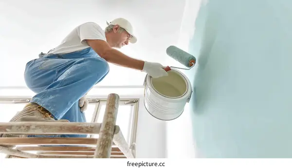 Painter Painting Light Teal Wall on Wooden Stepladder