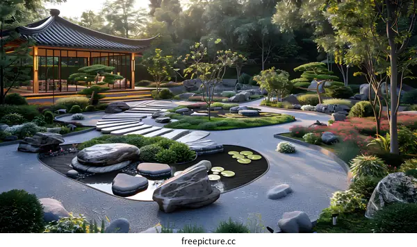 Japanese Zen garden with a modern house