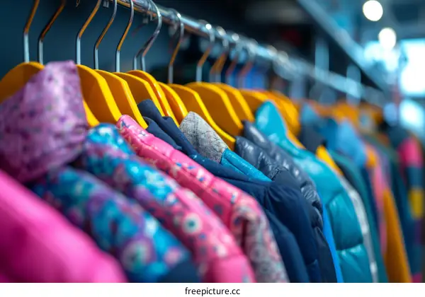 Colorful winter coats hanging on a rack in a store