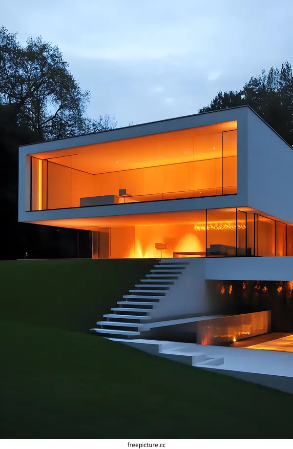 Modern Architecture House with Glass Windows and Stairs in the Evening