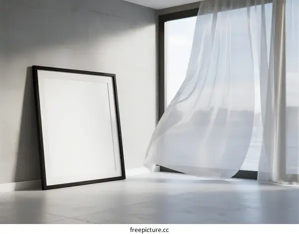 Empty Picture Frame Leaning Against Wall with Flowing Curtains