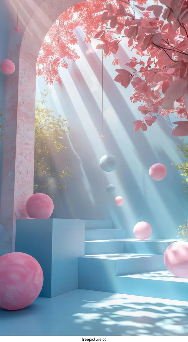 Pastel Dreamy Scene with Floating Pink Balls