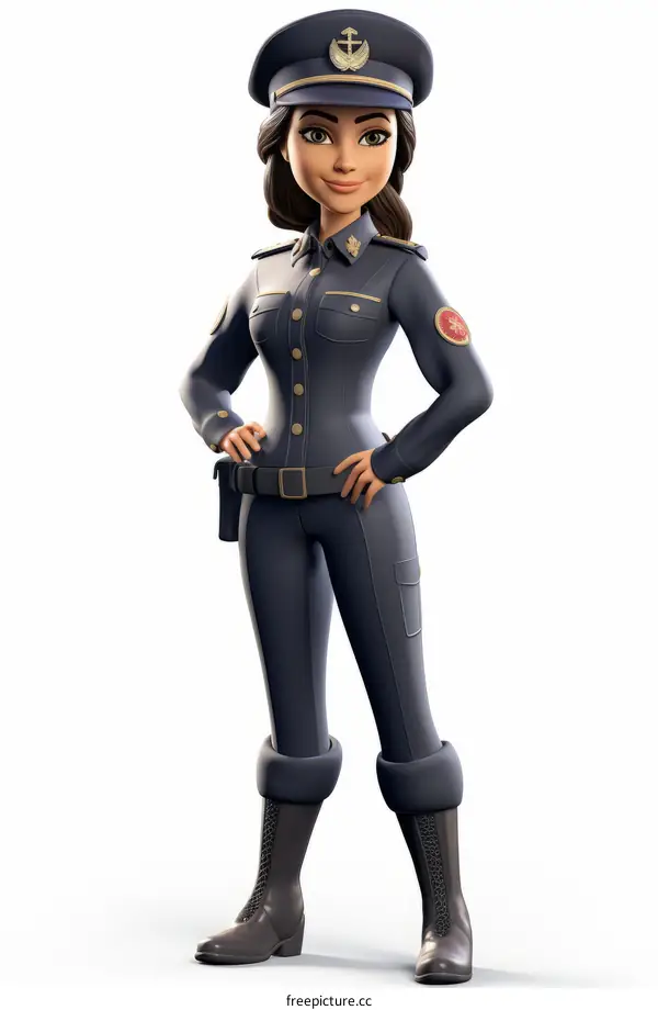 A 3D illustration of a female police officer in a blue uniform and brown boots.
