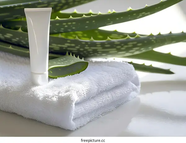 Aloe Vera Cream and Towel on White Surface