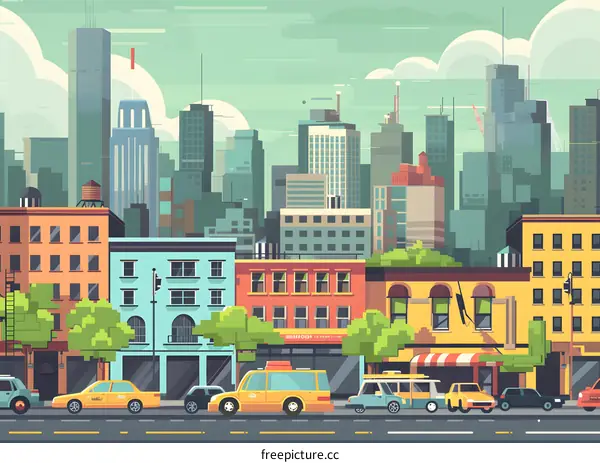 Cityscape Illustration with Colorful Buildings and Cars