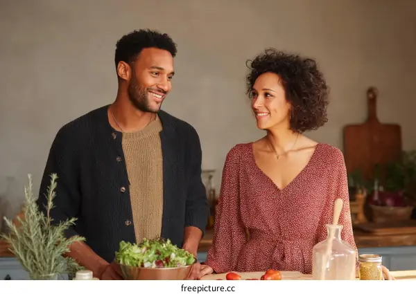 Couple Cooking Together Making Salad