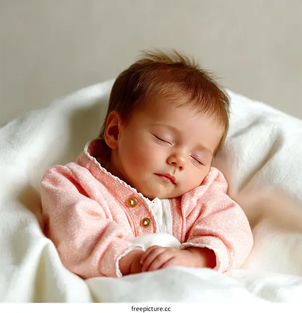 A sleeping baby wearing a pink cardigan on a white blanket