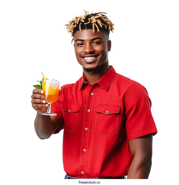 [Transparent Background PNG]Smiling African American Man Holding a Cocktail Drink