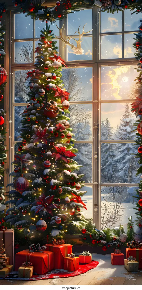 Christmas tree in a snowy forest