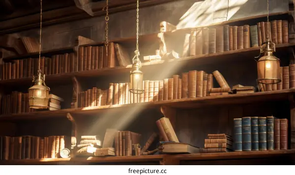 Vintage Library Interior with Shelves of Books in Bright Light