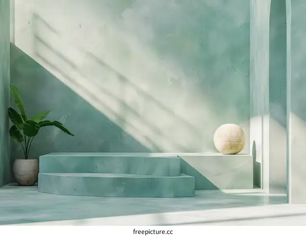 Studio setup with green display podium with sphere and plant