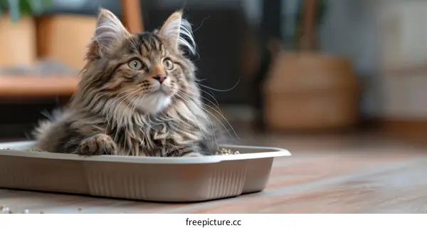 A cute tabby cat sitting in a litter box looking up