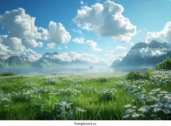Alpine meadow with lake and mountains in the distance