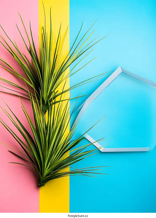 Green Plant on Pink, Yellow and Blue Background