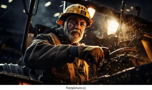 Portrait of a male construction worker wearing a hard hat and safety vest, sitting in the cab of a heavy-duty vehicle, looking at the camera with a serious expression.