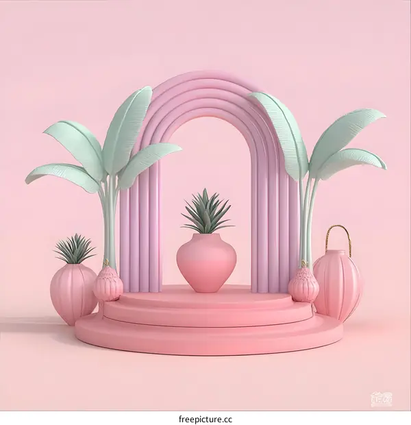 Pink Archway with Tropical Plants and Geometric Shapes