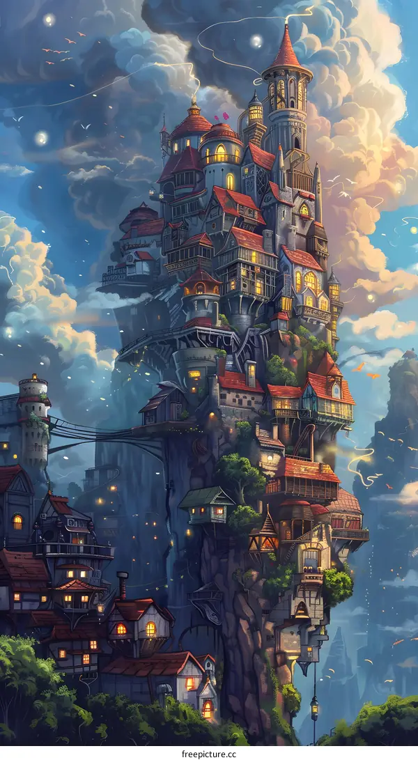 Fantasy City on Clifftop with Cloudy Sky and Flying Birds