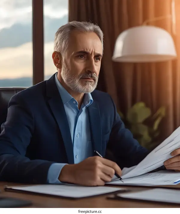 Serious Businessman Reviewing Documents in Office