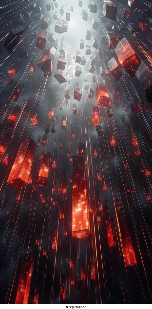 Red and Black Geometric Shapes Falling from the Sky