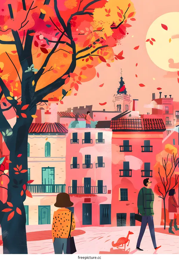 Autumn in the City Colorful Illustration