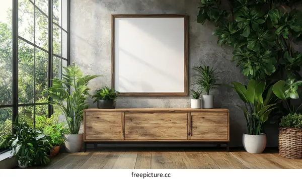 Modern Plant Filled Living Room with Empty Frame