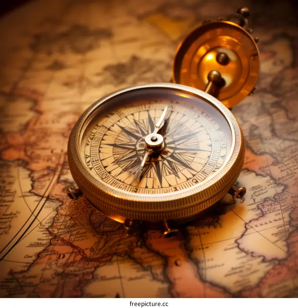 A golden compass sits on top of an old world map.