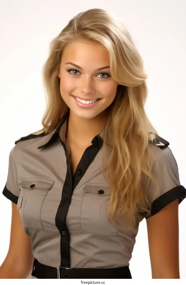 Beautiful blonde woman in uniform smiling