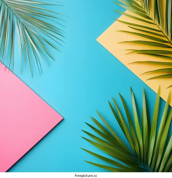 Tropical Palm Leaves on Blue Yellow and Pink Background