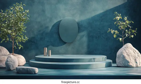 Teal Abstract Display Podium with Rocks and Plants