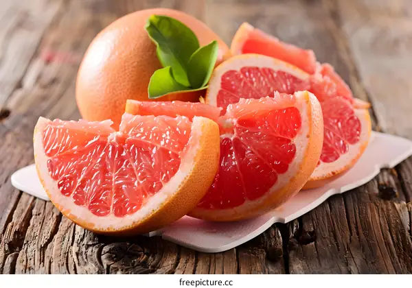 Fresh Ripe Sliced Grapefruit On Wooden Background
