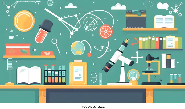 Science Lab Illustration with Microscope, Test Tubes, and Books