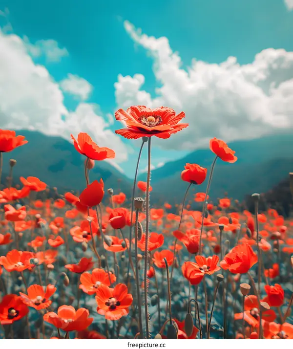Field of Red Poppy Flowers Under Blue Sky