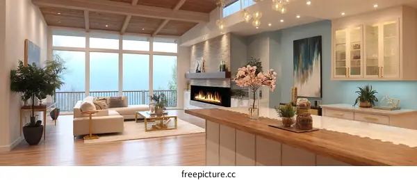 Modern Open-Concept Living Area with Fireplace and Kitchen
