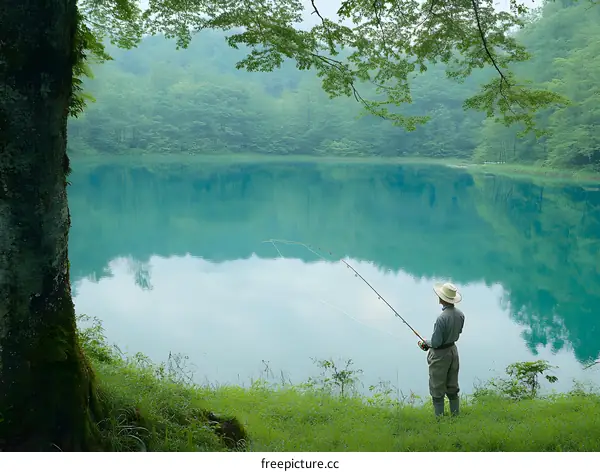 Man Fishing on a Tranquil Lake with Lush Green Foliage