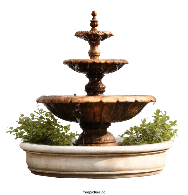 [Transparent Background PNG]Ornate Three-Tiered Water Fountain with Basin