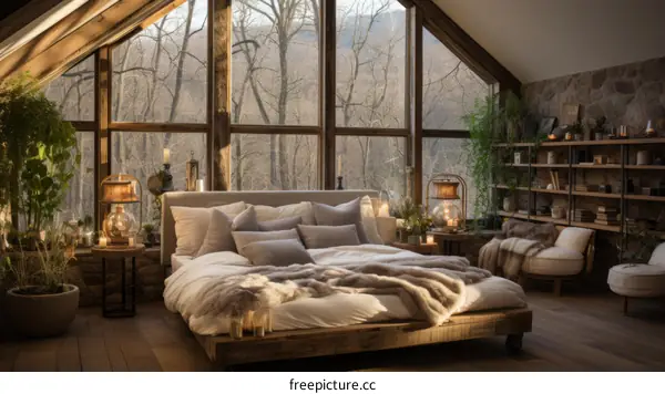 Cozy Cabin Bedroom with Fireplace and Forest View