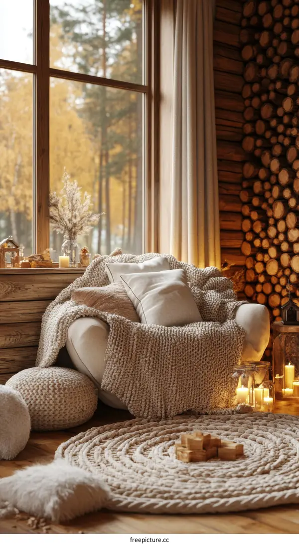 Cozy Autumn Living Room with Knitted Rug