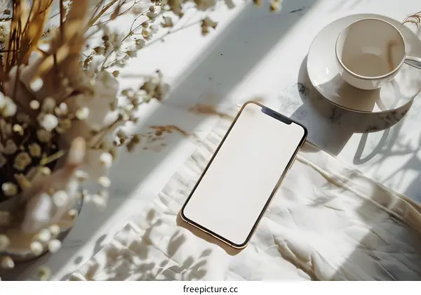 Minimalist Phone Mockup with Dried Flowers and Cup