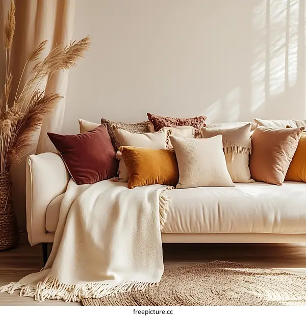 Cozy Beige Sofa with Colorful Cushions